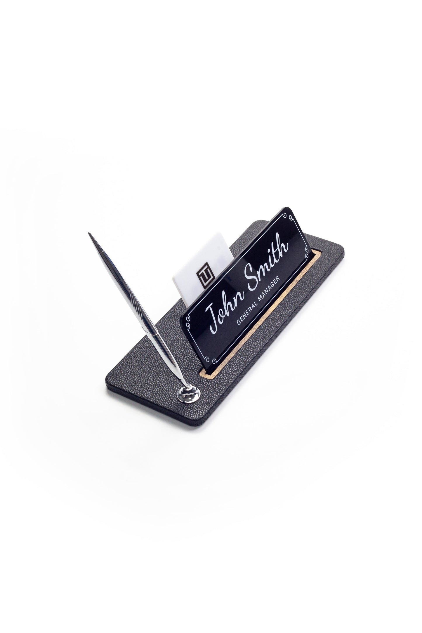 Leather Desk Name Holder Wood Detail
