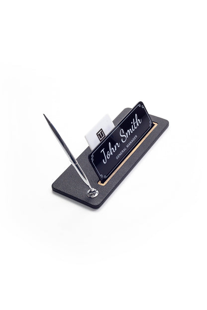 Leather Desk Name Holder Wood Detail