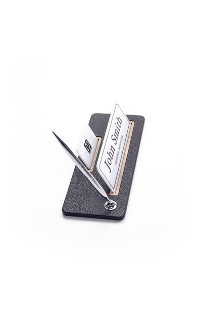 Leather Desk Name Holder Wood Detail