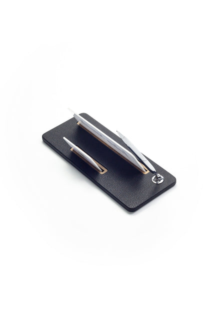 Leather Desk Name Holder Wood Detail