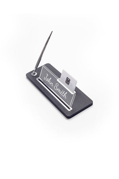 Leather Desk Name Holder Chrome Detailed