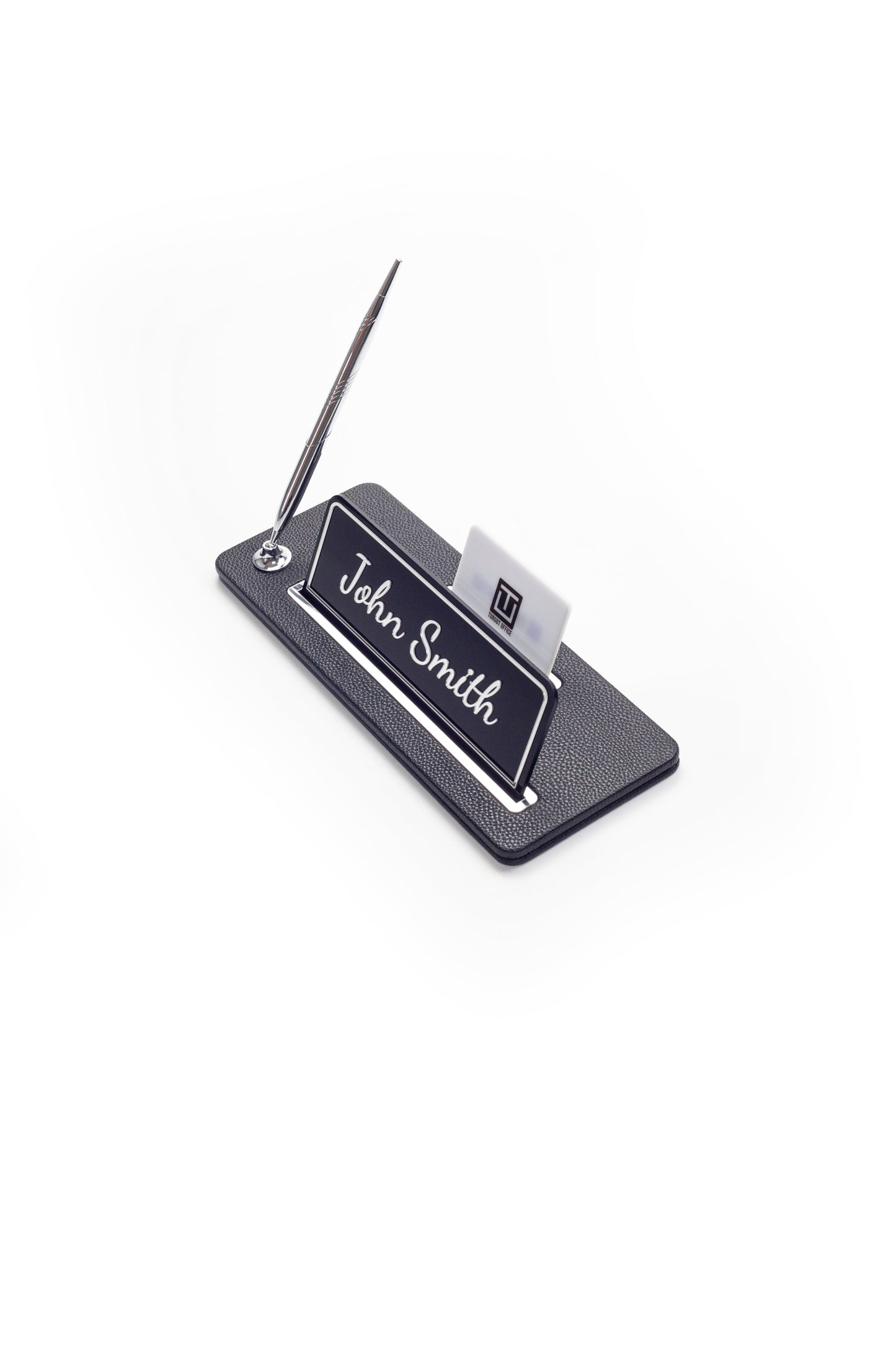 Leather Desk Name Holder Chrome Detailed