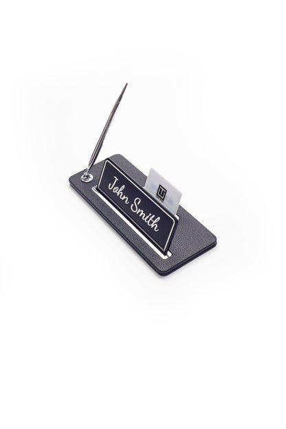Leather Desk Name Holder Chrome Detailed
