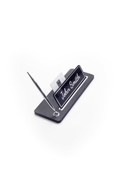 Leather Desk Name Holder Chrome Detailed