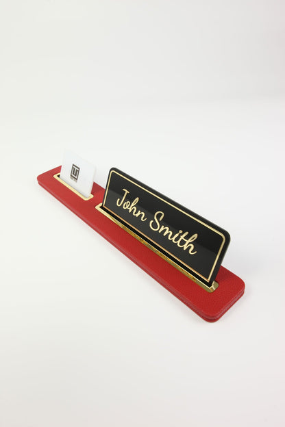 Leather Desk Nameplate Black Long Gold Detailed - Nameplate and Business Card Holder