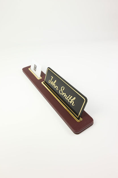 Leather Desk Nameplate Black Long Gold Detailed - Nameplate and Business Card Holder