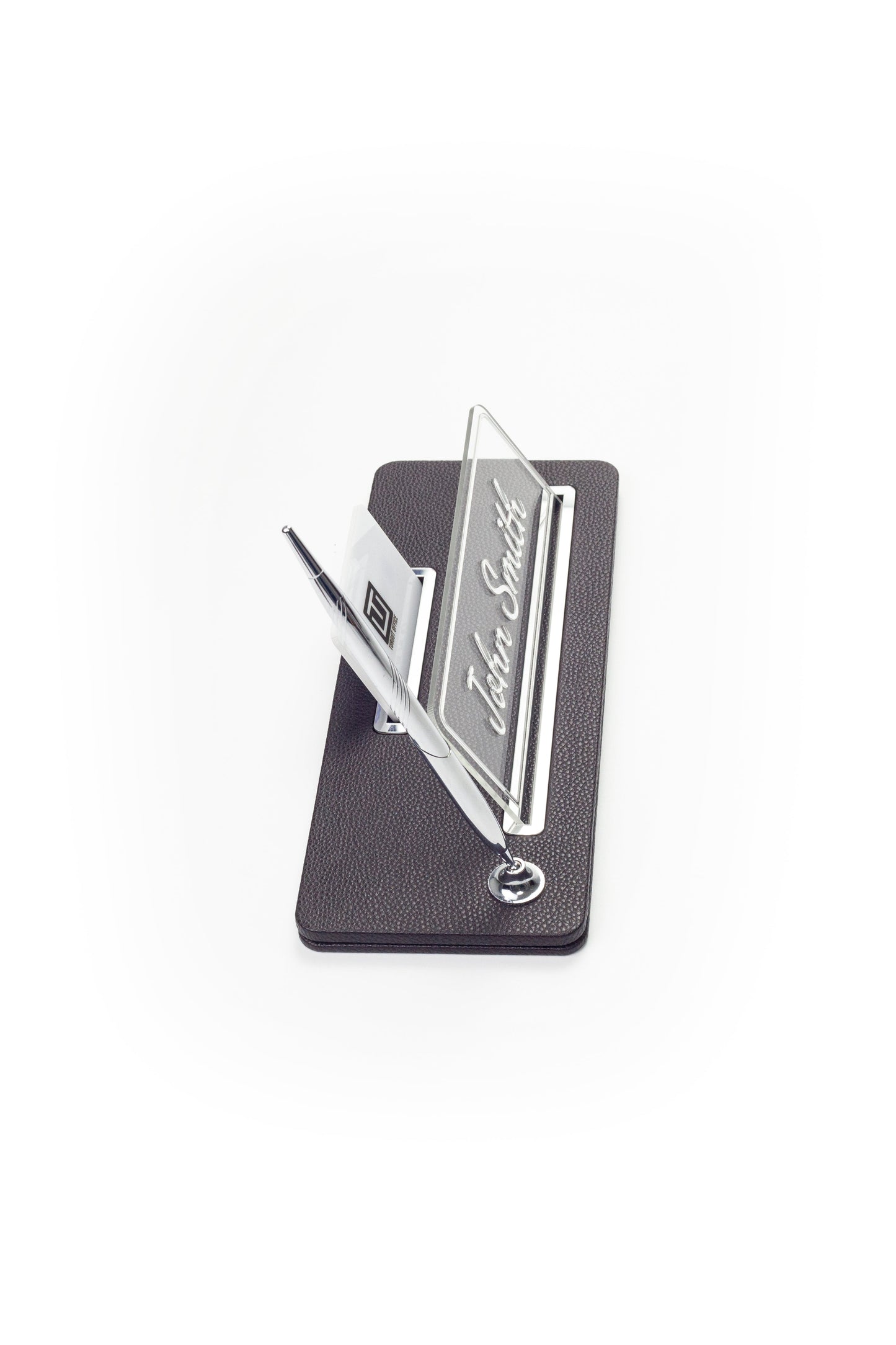 Leather Desk Name Holder Chrome Detailed