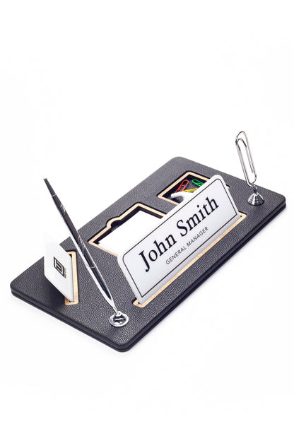 Organizer Leather Desk Nameplate Wood Detailed