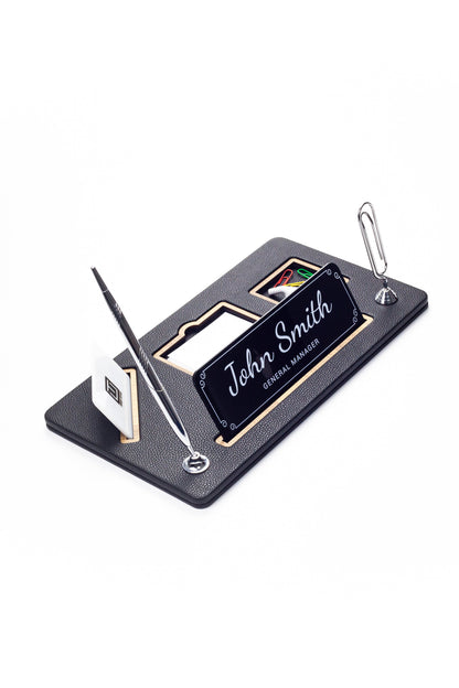 Organizer Leather Desk Nameplate Wood Detailed