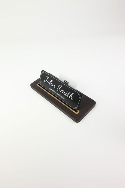 Leather Desk Nameplate Black Gold Detail - Nameplate and Business Card Holder