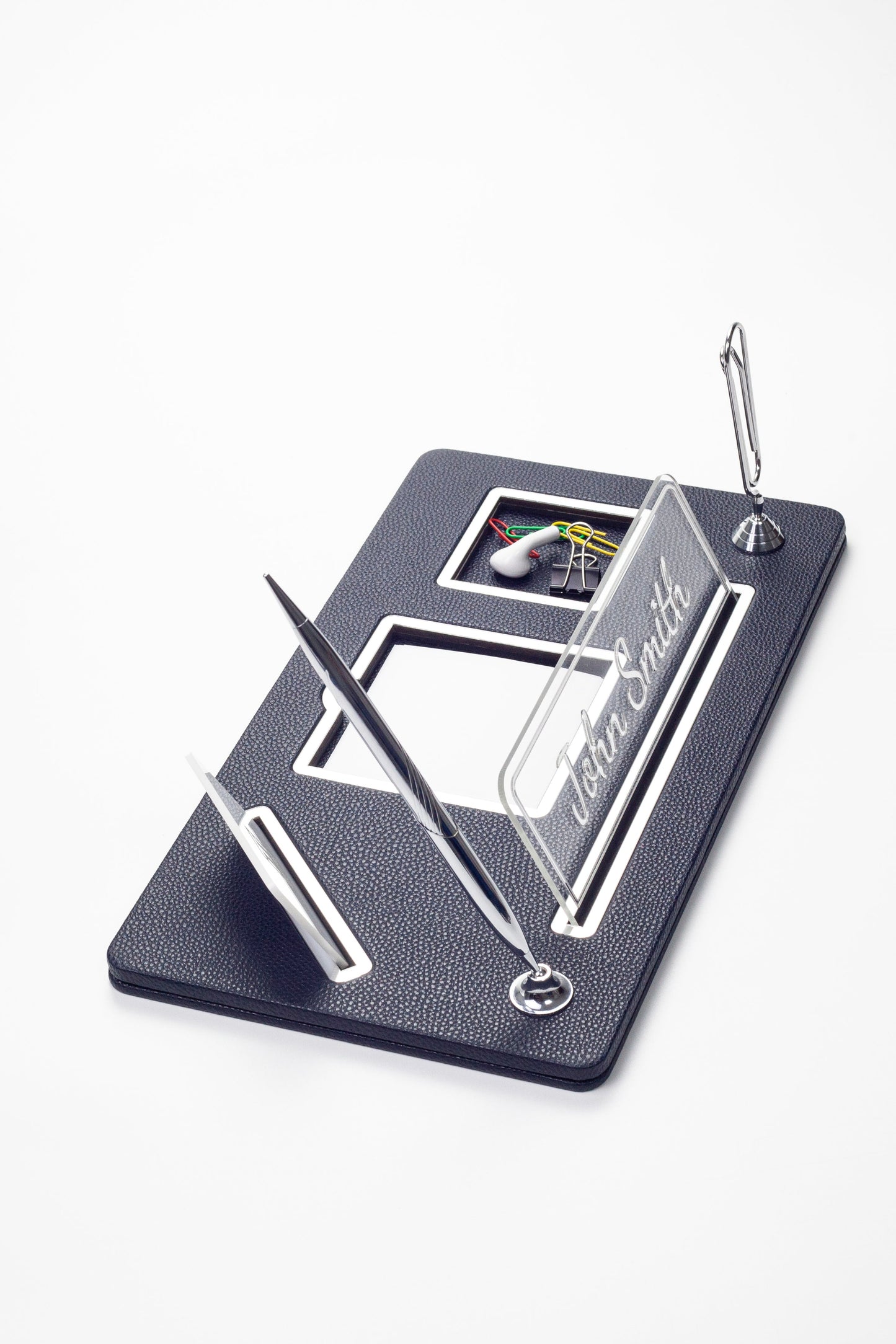 Organizer Leather Desk Nameplate Chrome Detailed