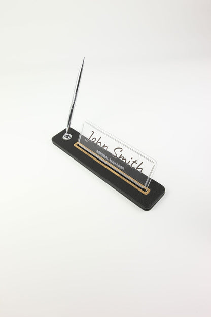 Leather Desktop Nameplate with Pen Black Wood Detail - Nameplate and Signature Pen