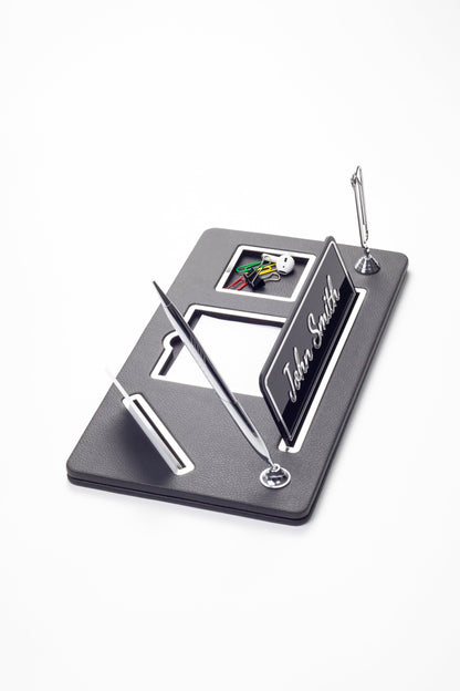 Organizer Leather Desk Nameplate Chrome Detailed