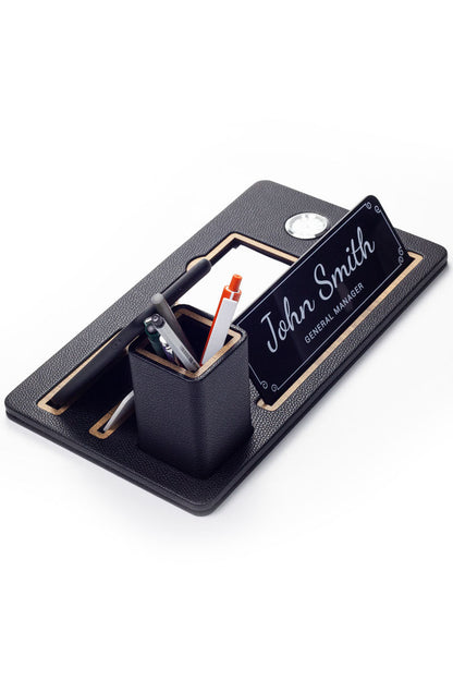 Desktop Nameplate Leather Organizer Black Wood Detailed Clock and Pen Holder