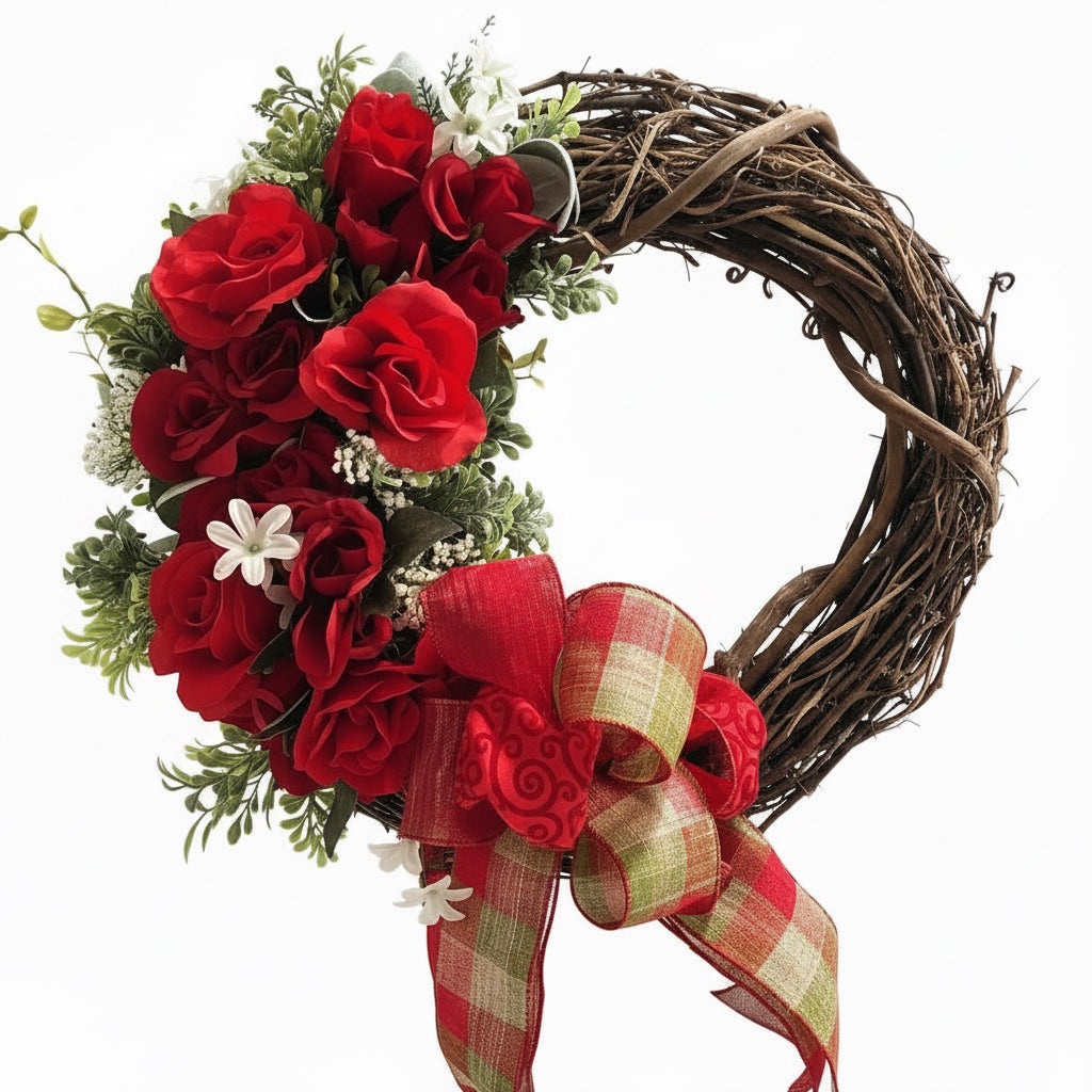 Handmade Rose Grapevine Wreath with Plaid Bow