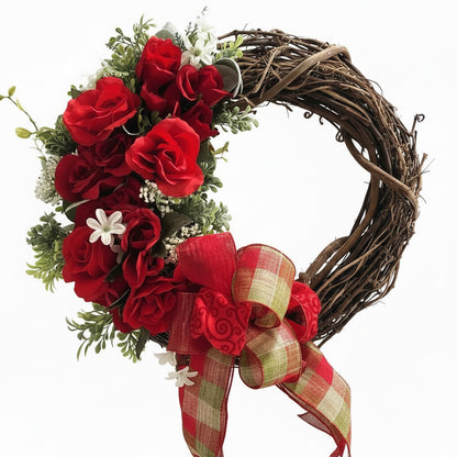 Handmade Rose Grapevine Wreath with Plaid Bow