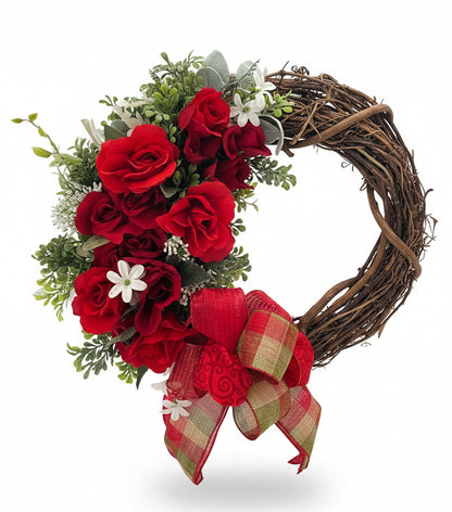 Handmade Rose Grapevine Wreath with Plaid Bow