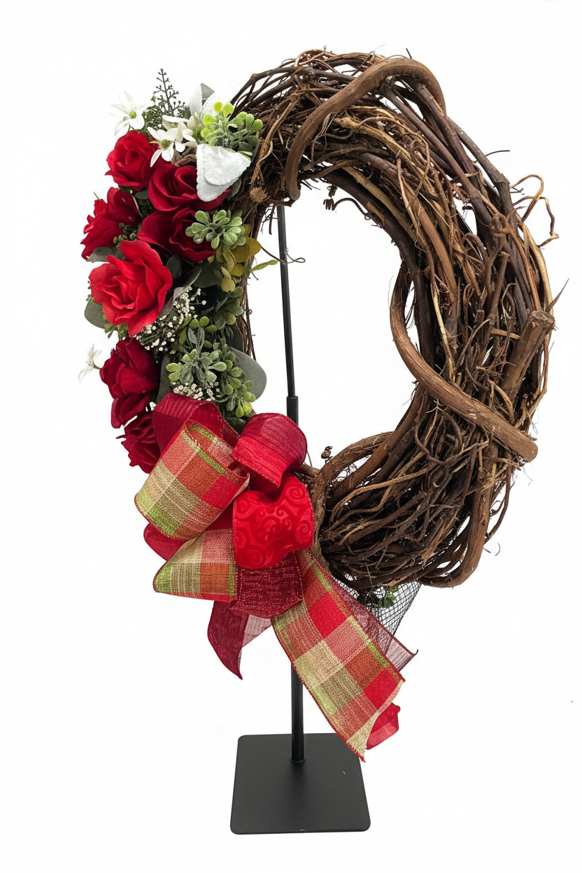Handmade Rose Grapevine Wreath with Plaid Bow