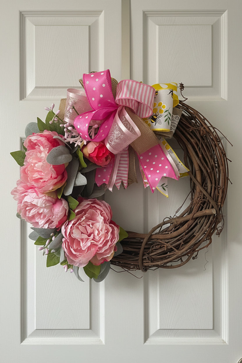 Pink Peony Wreath: Floral Grapevine Front Door Decor