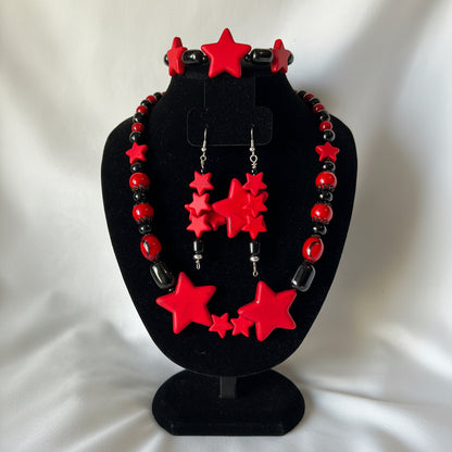 Chunky Red & Black Beaded Star Jewelry Set