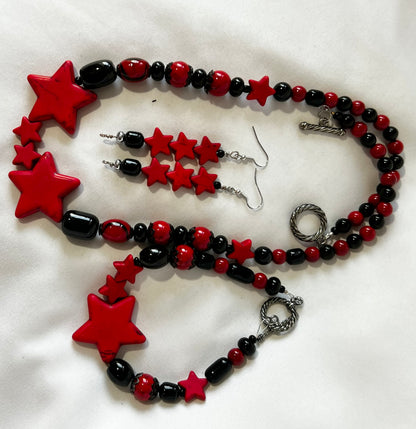 Chunky Red & Black Beaded Star Jewelry Set