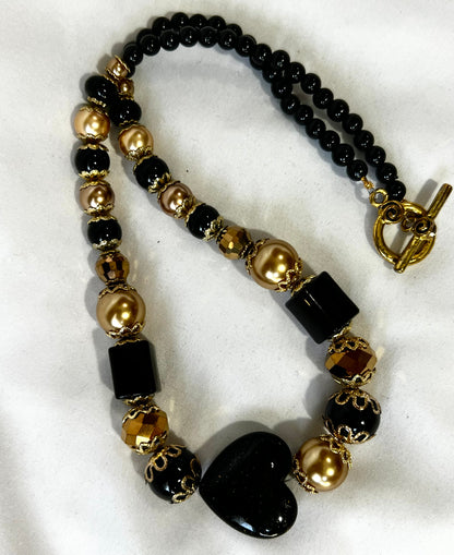 Handmade Black and Gold Beaded Heart Set