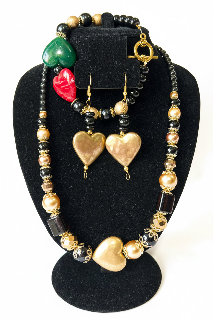Handmade Black and Gold Beaded Heart Set