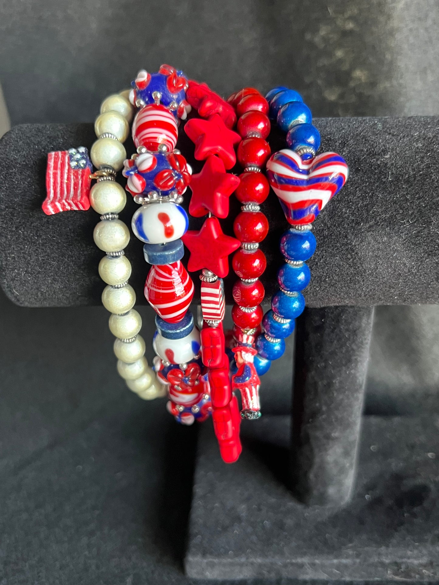 Patriotic Red, White, and Blue Beaded Bracelet Stack