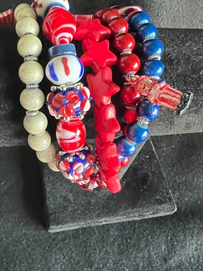 Patriotic Red, White, and Blue Beaded Bracelet Stack