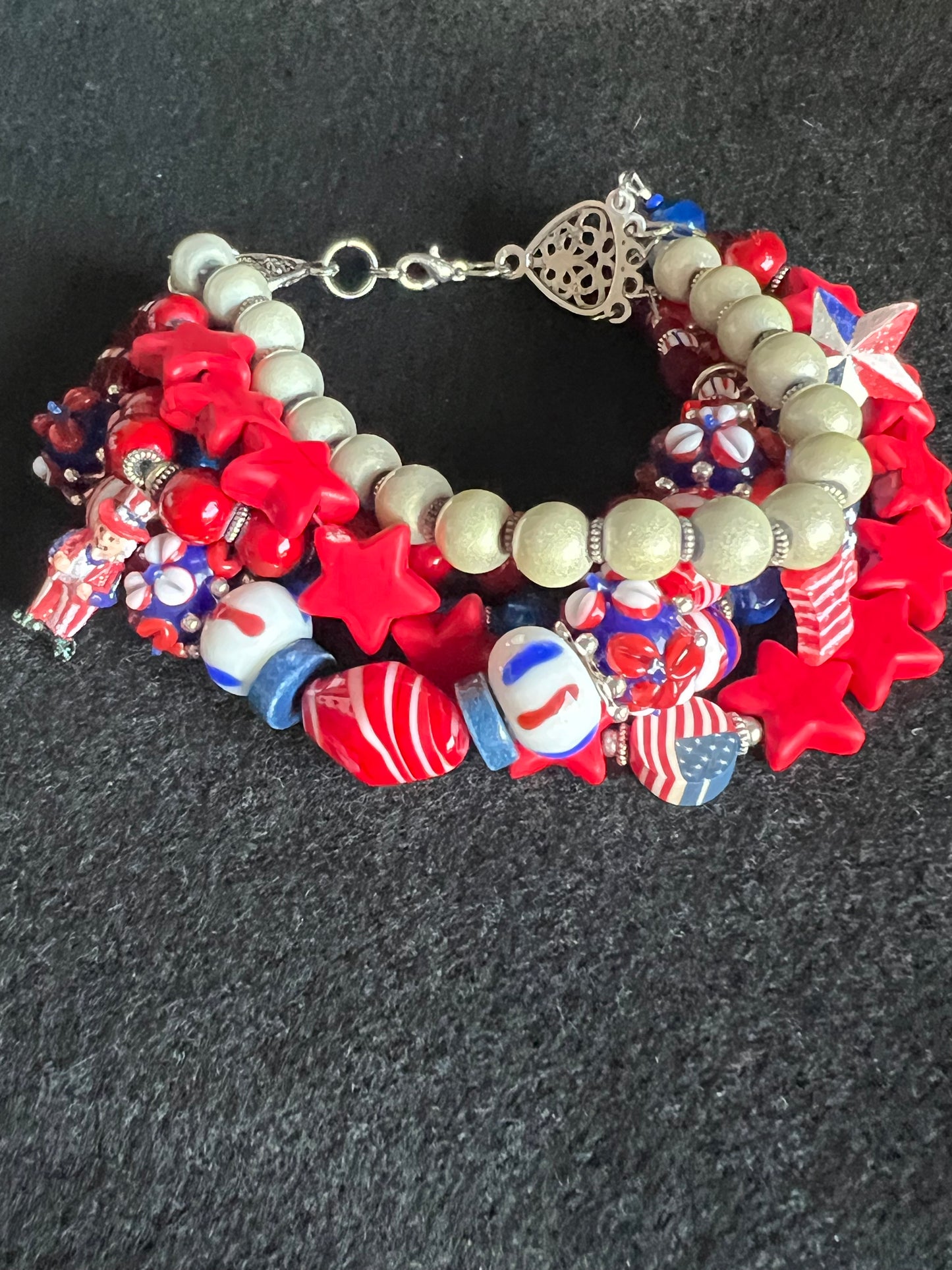 Patriotic Red, White, and Blue Beaded Bracelet Stack