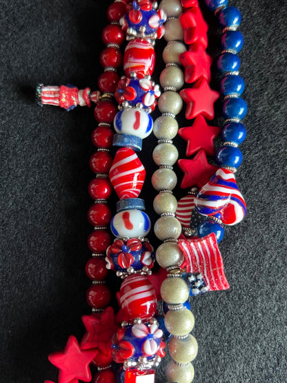 Patriotic Red, White, and Blue Beaded Bracelet Stack