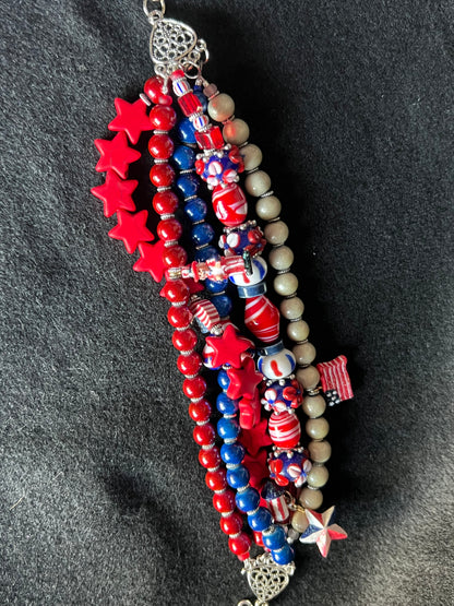 Patriotic Red, White, and Blue Beaded Bracelet Stack