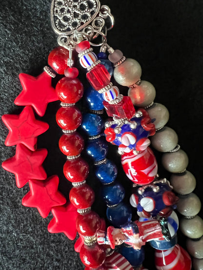 Patriotic Red, White, and Blue Beaded Bracelet Stack