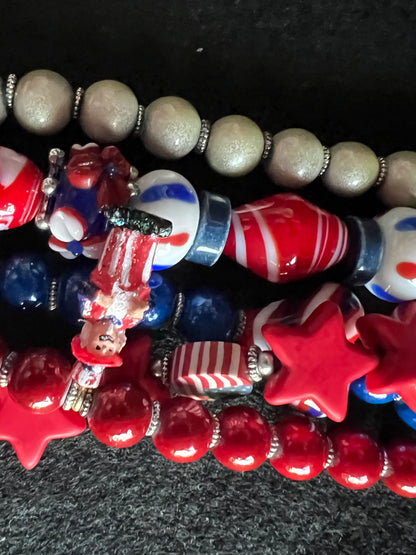 Patriotic Red, White, and Blue Beaded Bracelet Stack