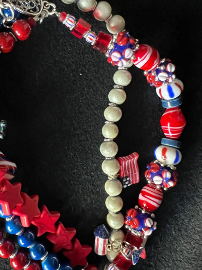 Patriotic Red, White, and Blue Beaded Bracelet Stack