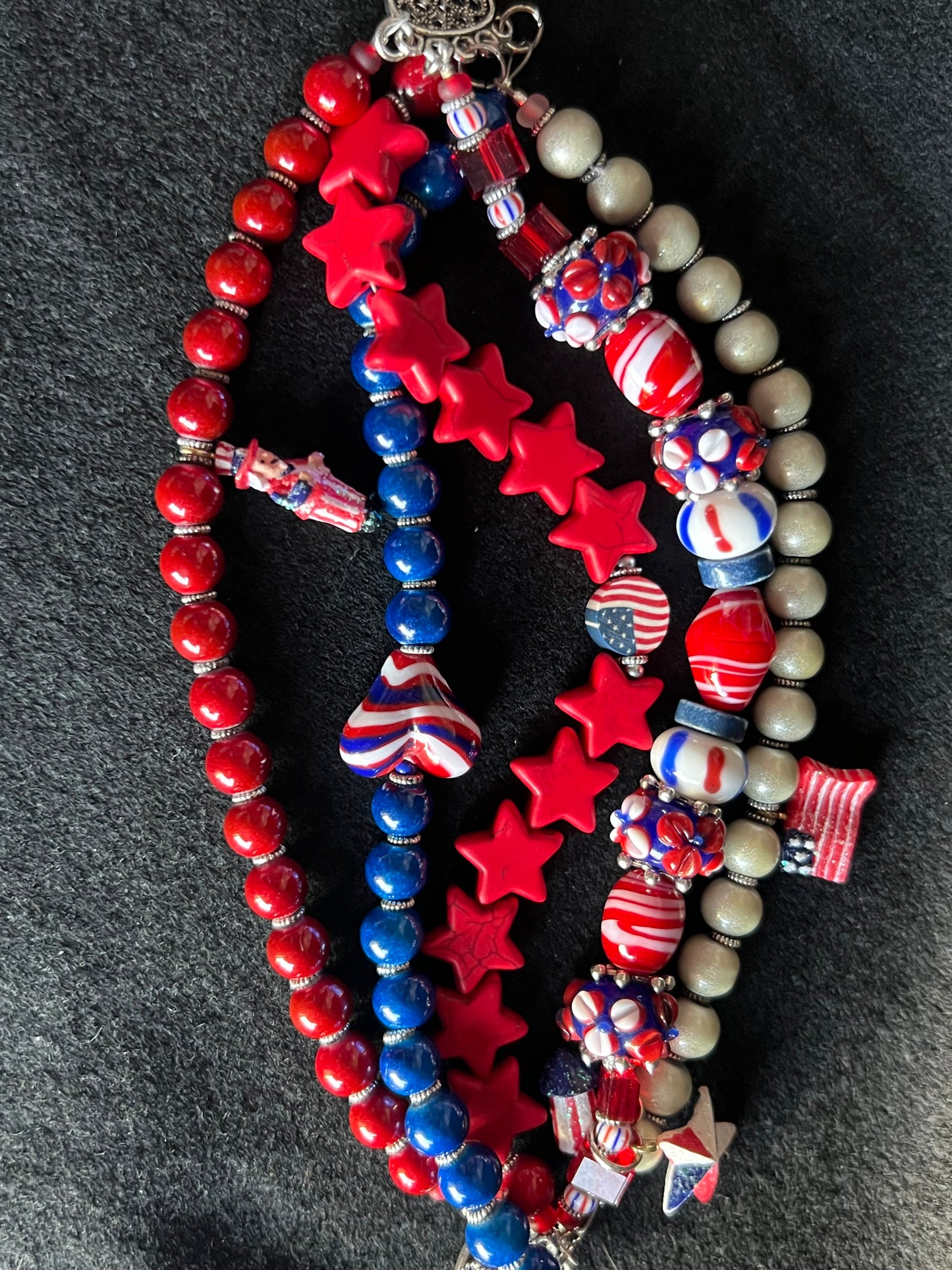 Patriotic Red, White, and Blue Beaded Bracelet Stack