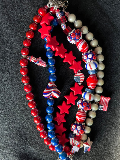 Patriotic Red, White, and Blue Beaded Bracelet Stack