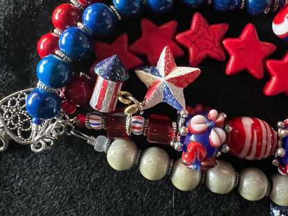 Patriotic Red, White, and Blue Beaded Bracelet Stack