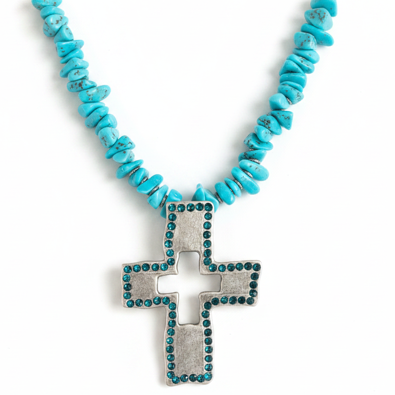 Cowboy Style Turquoise Cross Pendant Necklace