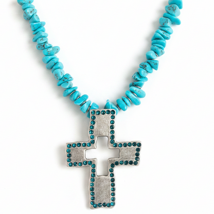 Cowboy Style Turquoise Cross Pendant Necklace