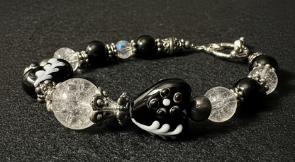 Monochrome Artisan Heart & Lampwork Glass Bracelet