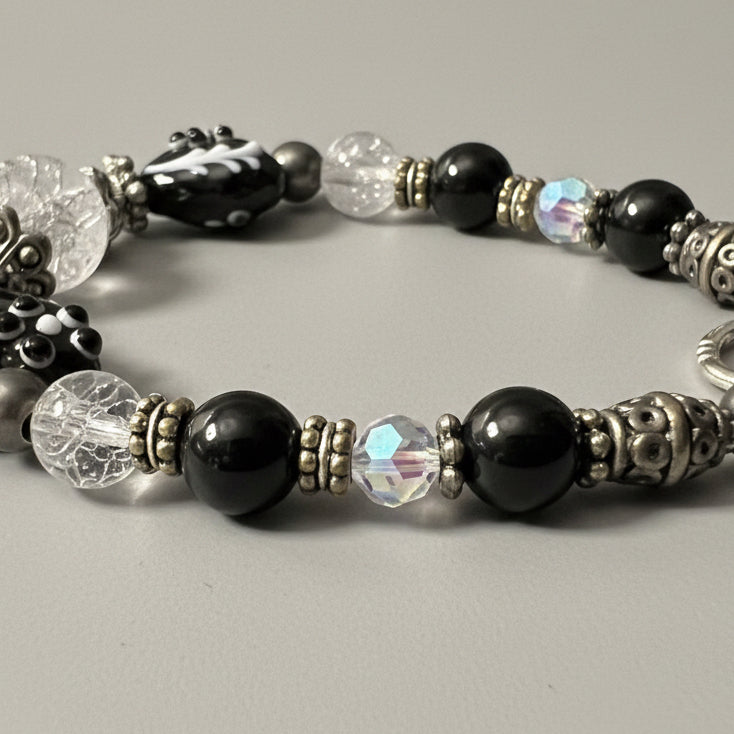 Monochrome Artisan Heart & Lampwork Glass Bracelet