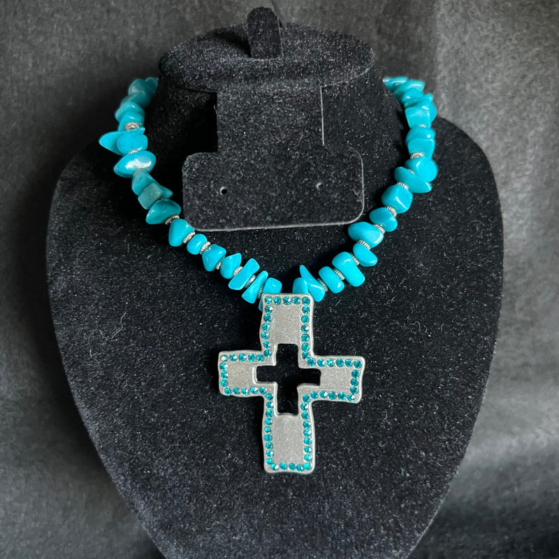 Cowboy Style Turquoise Cross Pendant Necklace