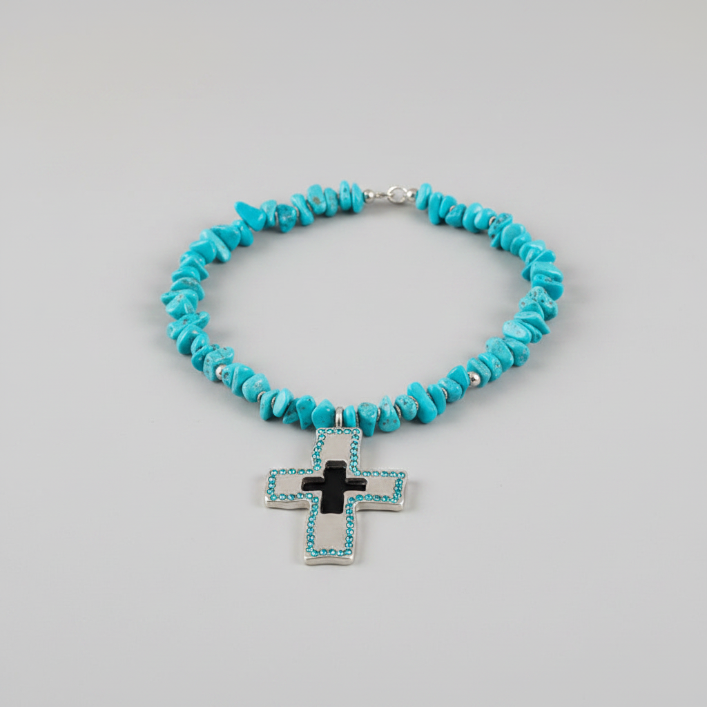 Cowboy Style Turquoise Cross Pendant Necklace