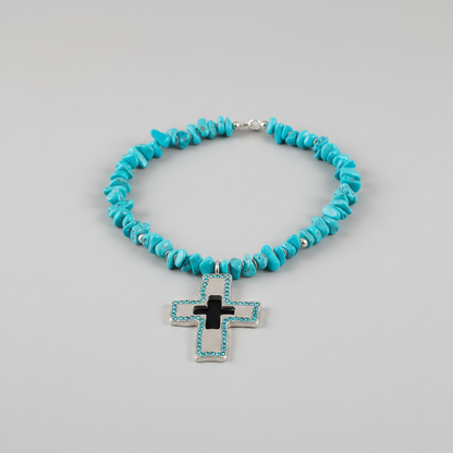 Cowboy Style Turquoise Cross Pendant Necklace