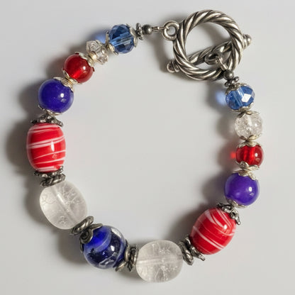Patriotic Lampwork Glass Bead and Sterling Silver Toggle Bracelet