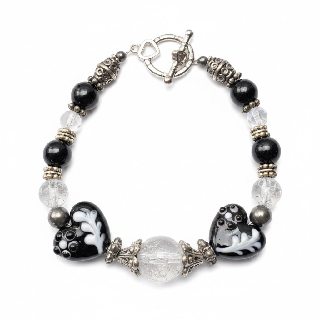 Monochrome Artisan Heart & Lampwork Glass Bracelet