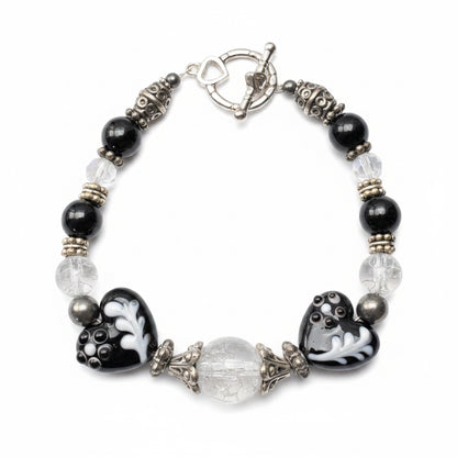 Monochrome Artisan Heart & Lampwork Glass Bracelet