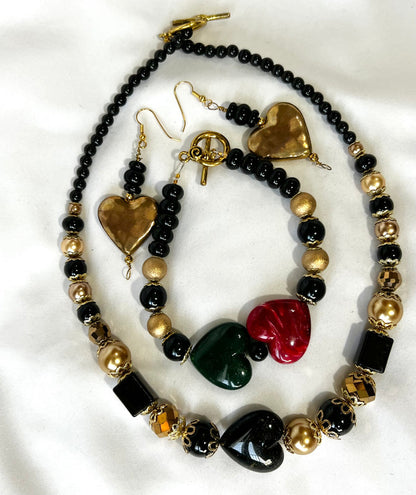 Handmade Black and Gold Beaded Heart Set