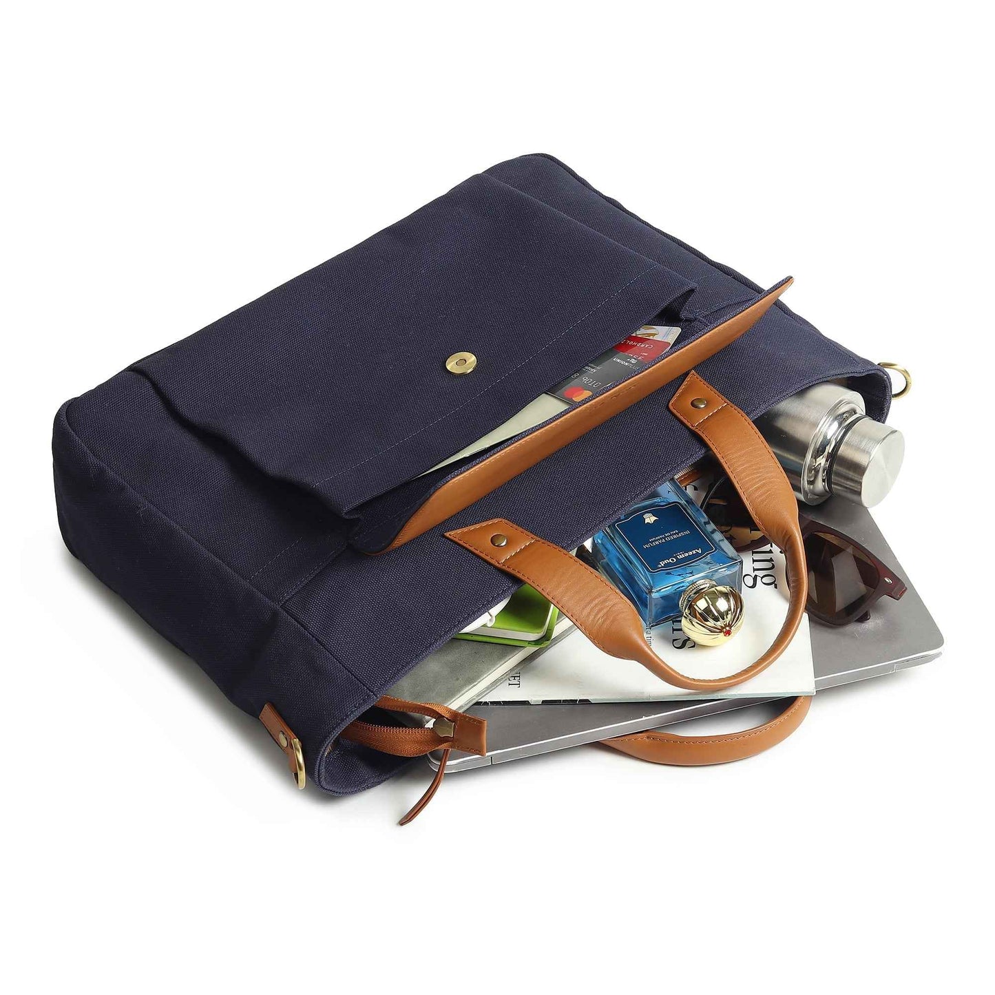 Voyager Canvas Leather Briefcase, Dark Blue
